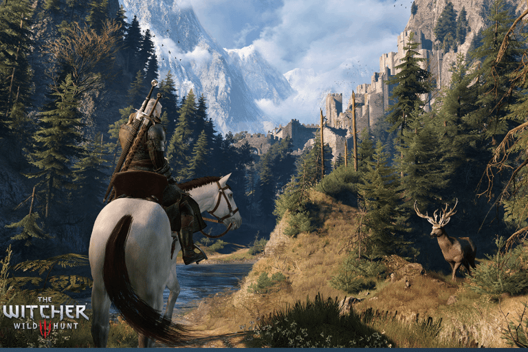 image of geralt horse riding through mountains witcher 3