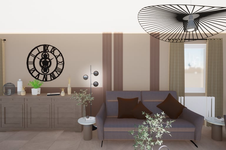 Projet de transformation d'un living avec un canapé, une suspension et des panneaux décoratifs