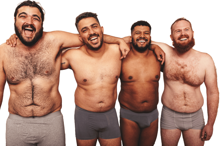 4 shirtless men of different skin tones and sizes with their arms on each other's shoulders