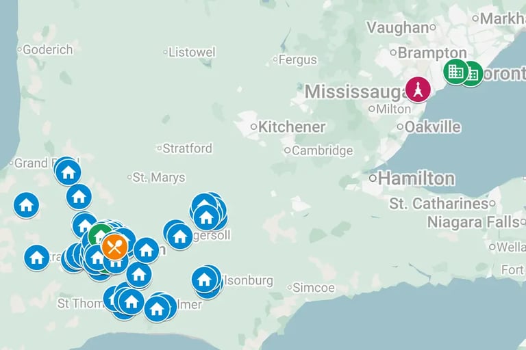 Custom Google Map showing competed carpet installation projects by Master Carpet across Ontario.
