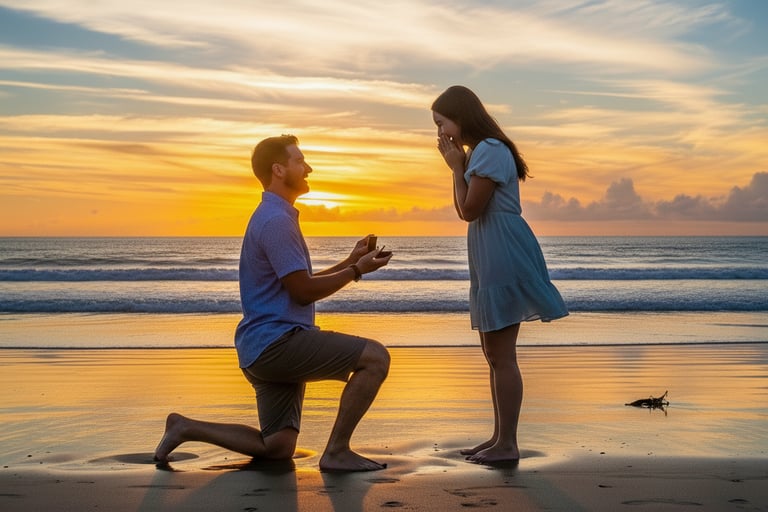 Ένας άντρας γονατίζει και κάνει πρόταση γάμου σε μια γυναίκα.