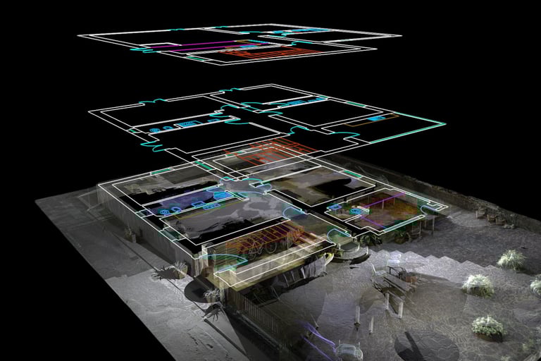 Nuvola di punti 3D di una casa, comprensiva di interni ed esterni, accompagnata dalla restituzione CAD delle planimetrie