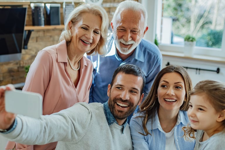 Smiling family receiving home health care support at home