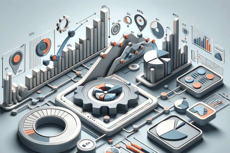 Detailed 3D analytics and graphs illustration with cog and chart elements in cool tones.