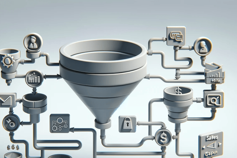 3D sales funnel pipeline with data and process icons in a monochromatic scheme.
