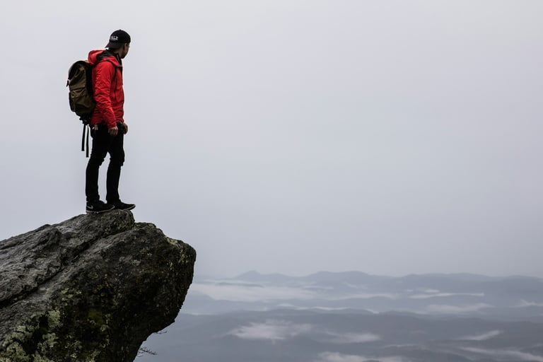 A man in a red jacket standing on a cliff rock, looking out at the plains against a cloudy grey sky