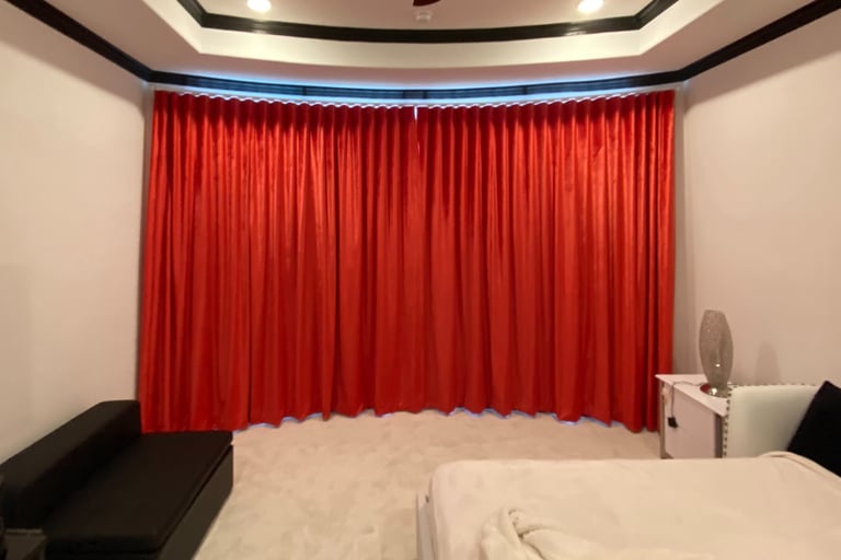 Custom Ripple Fold Drapery Red Velvet Custom curved track rod