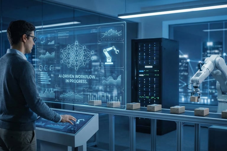 isualization of AI neural networks and automated digital workflows streamlining processes