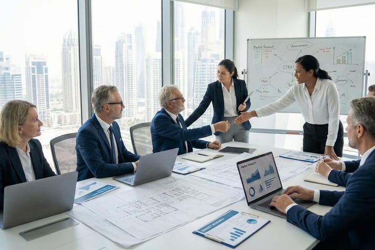 Team of senior consultants collaborating on a strategic blueprint in a modern UAE office 