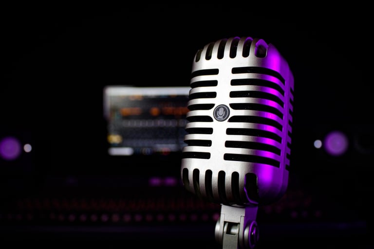 old microphone in recording studio with purple glow