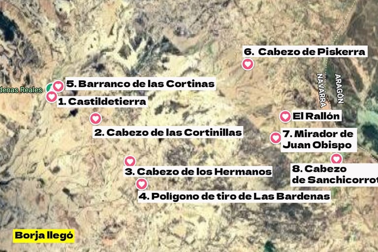 Mapa de la ruta circular por las Bardenas Reales con 8 puntos de interés marcados