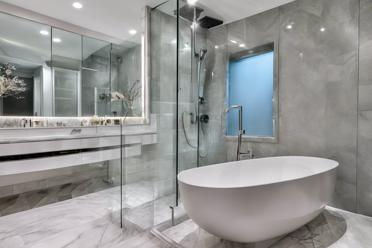 Modern Toronto bathroom renovation featuring sleek tiles, a glass shower, and custom vanity.