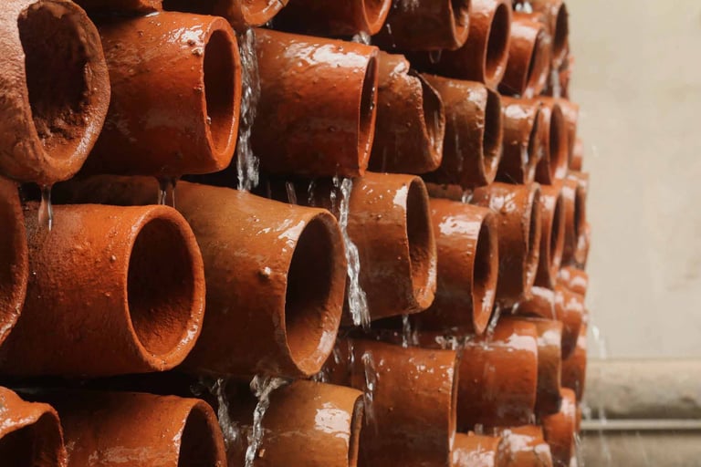 water dripping on earthern pots