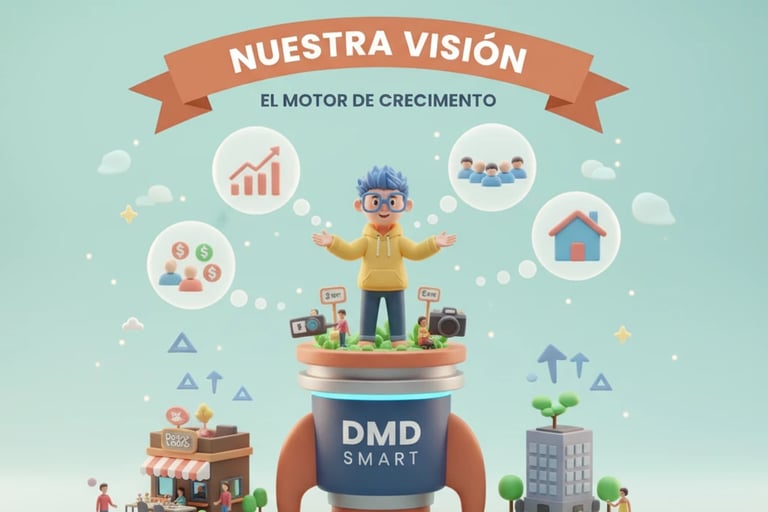 a man standing on a pedestal with a large amount of information about the business