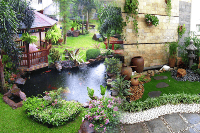a garden with a pond and a gazeboar