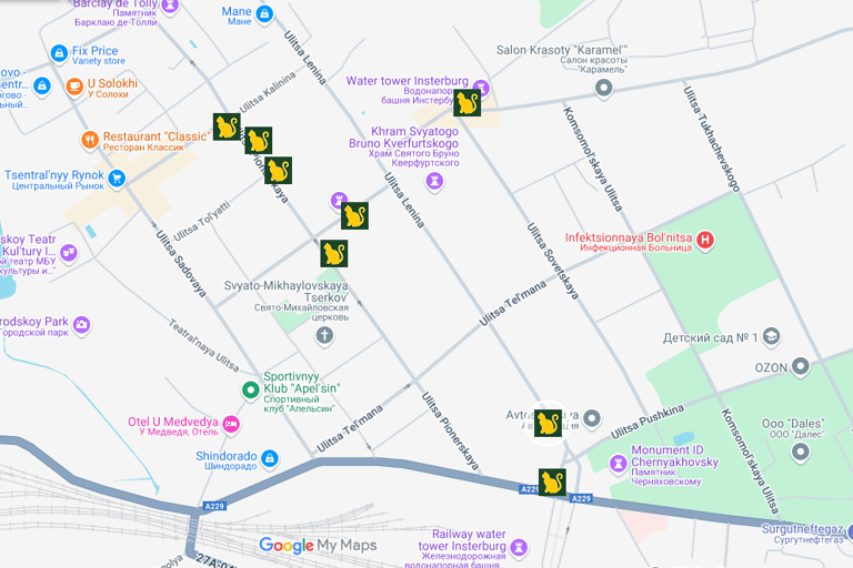 Map of cat statues in Insterburg (Chernyakhovsk)