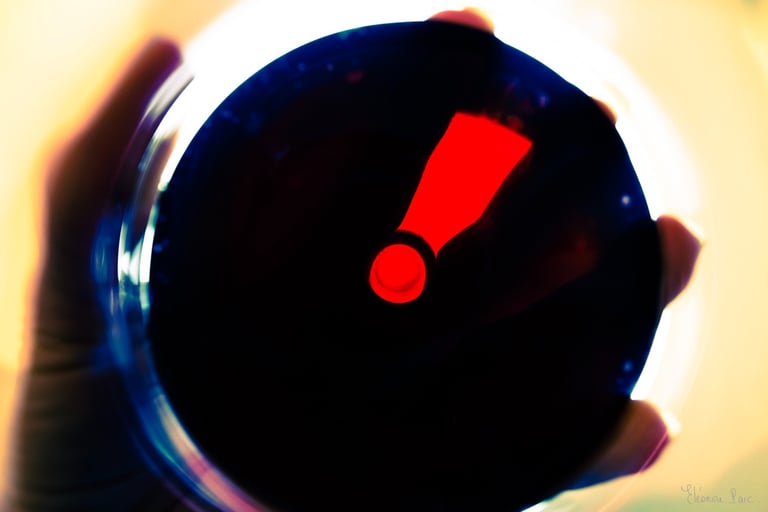 Abstraction Vinicole – Verre de vin tenu en main, éclat rouge en point d’exclamation