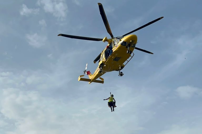 Helicopter in Flight – Helicopter in action during a HEMS training simulation for air rescue ops