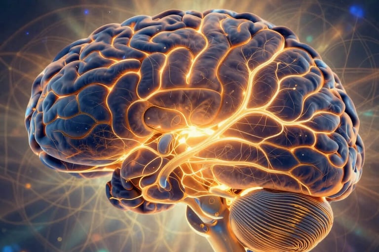 Brain neural pathways illuminated showing reticular activating system and manifestation