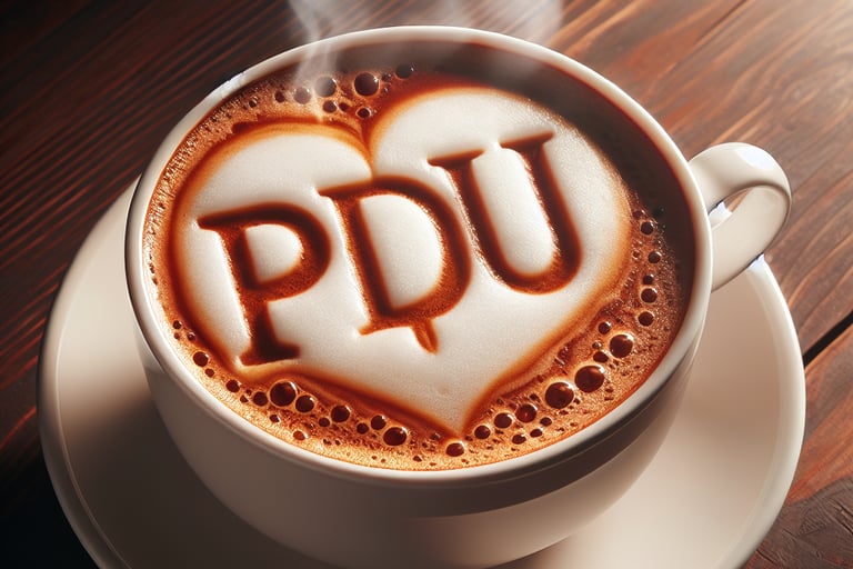 Kawa ze śmietanką w filiżance, śmietanka układa się w napis PDU