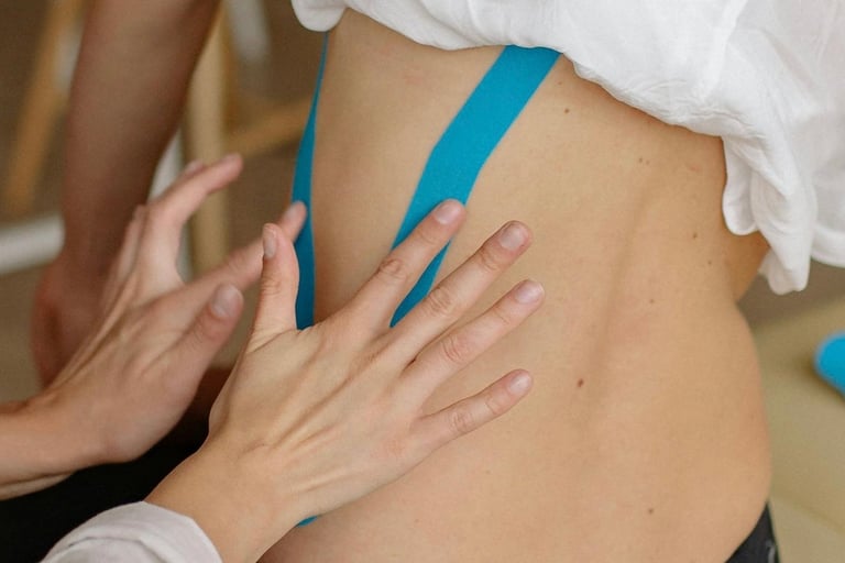 eine Frau wird mit blauen Tapes getaped