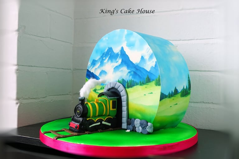 Train themed birthday cake using an edible cake wrap