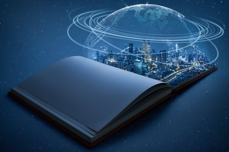 a book opened to show a cityscape with a planet in the background