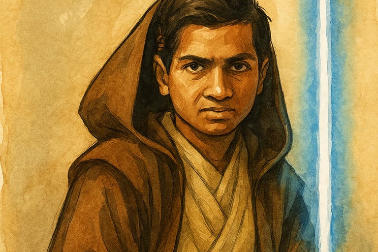 Imagen del matemático indio Srinivasa Ramanujan convertido en padawan con una espada láser y una túnica.