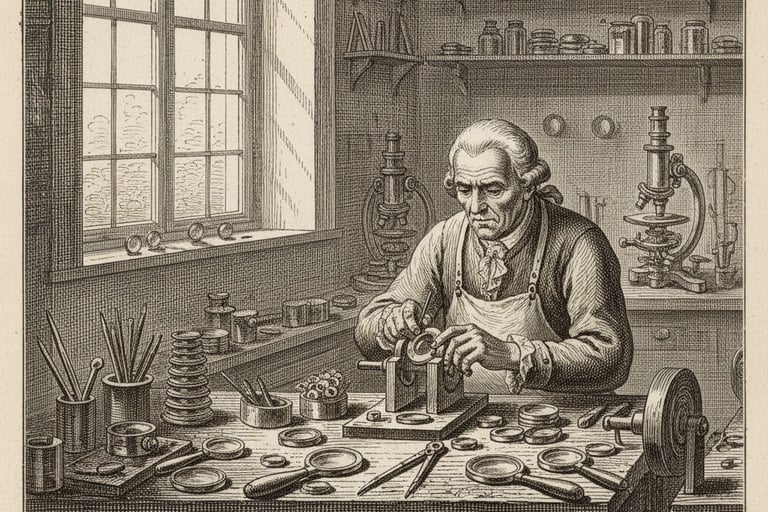 grabado Taller óptico artesanal siglo XVIII herramientas tradicionales primeros fabricantes anteojos
