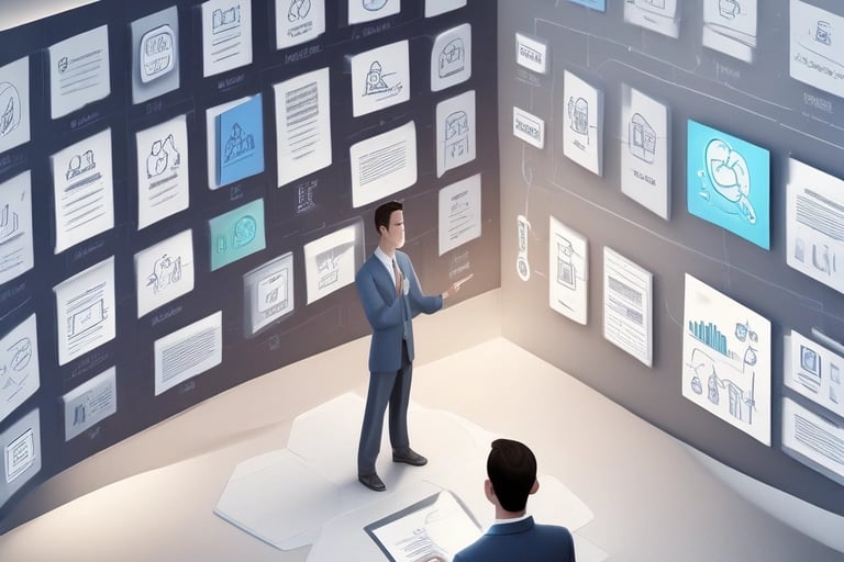 איש מציג תוכניות דיגיטליות מול לוח חכם – מייצג ניהול והובלת פרויקטים טכנולוגיים