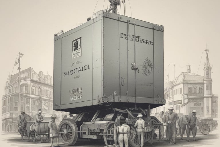 Vintage etching of a massive shipping container on a horse-drawn carriage in a 19th-century city.