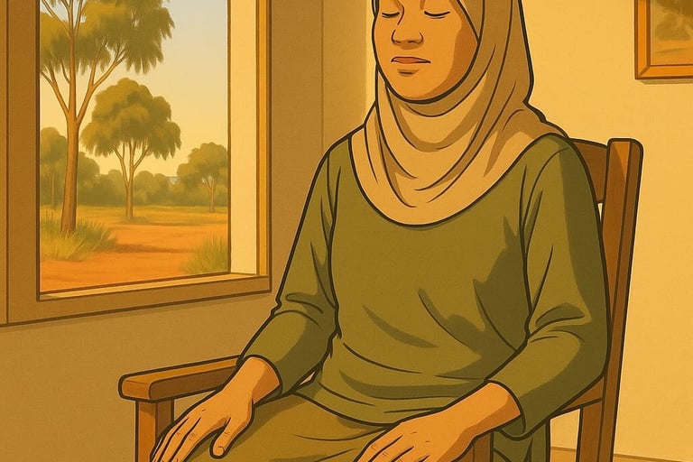 Malay woman sitting on chair indoors in Robinvale, eyes closed, gum trees outside, warm sunlight, peaceful expression.