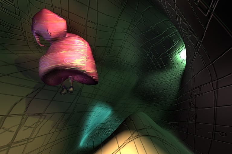 home groso un red suspended inside a curved room