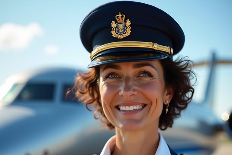 a woman in uniform smiling and wearing a pilot's hat