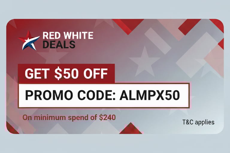 $50% off coupon code image of red white deals