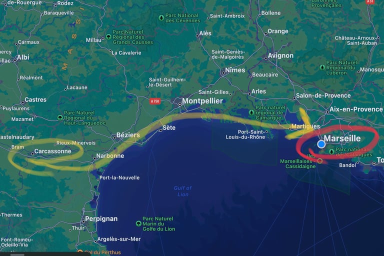 Travel route from Carcassonne to Marseille