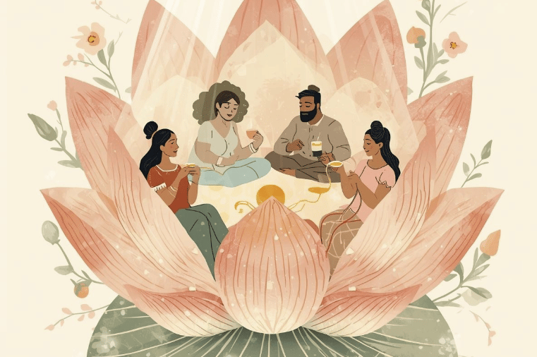 Illustration of people sharing tea in a lotus flower.