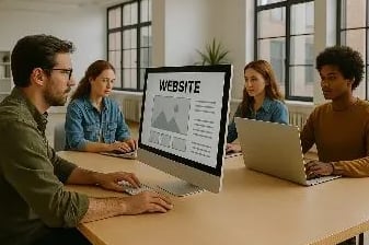Dos chicos y dos chicas creando un proyecto web en la oficina, sentados en una mesa grande