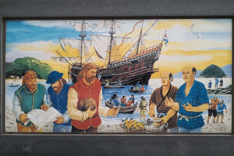 Depiction of William Adams' arrival in 1600 on Kuroshima in Usuki.