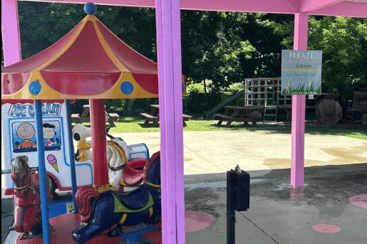 Photo of the merry go round and snoopy ride and time out chair in the back of Chrissy's Cravings