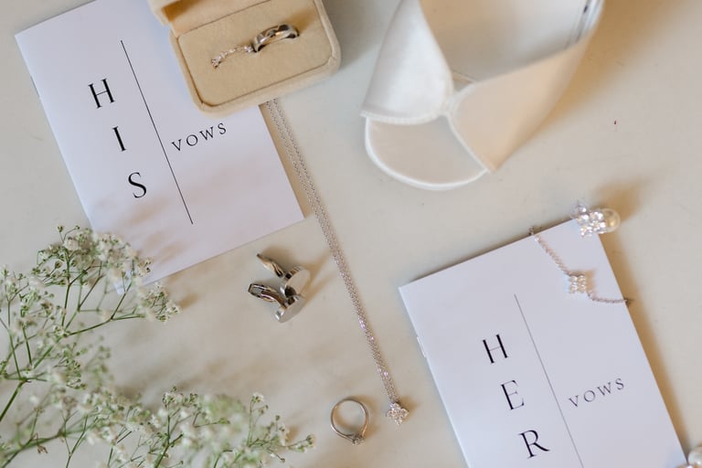 detail photo of vowel book, rings, necklace, cufflinks and shoes