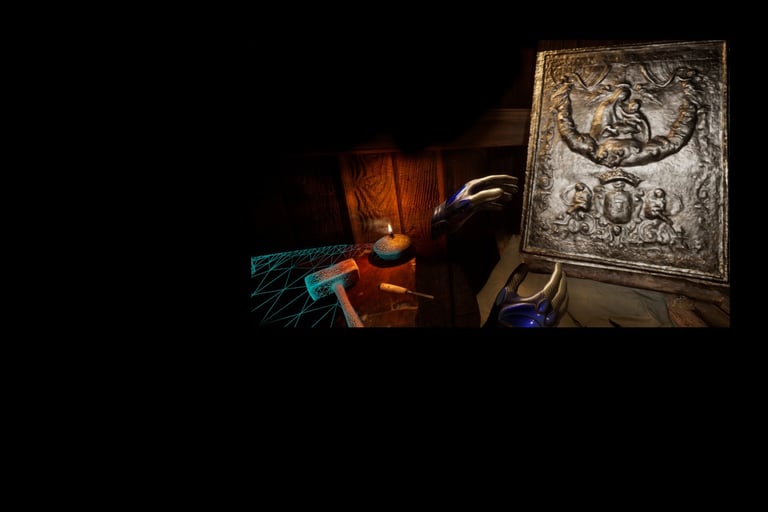 Modello 3D di un'opera d'arte in argento ricostruita tramite fotogrammetria, visualizzata in un ambiente virtuale immersivo