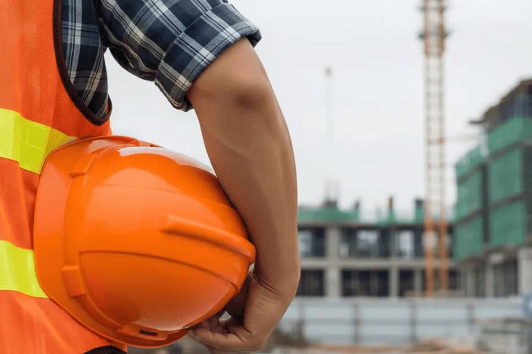 Pessoa segurando capacete de obra laranja