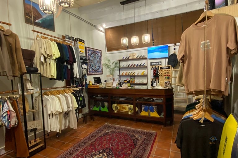 Surf shop and clothing store with a variety of clothes and accessories