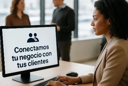 Chica presentando a clientes frente a un ordenador con el mensaje: conectamos tu negocio con tus cli