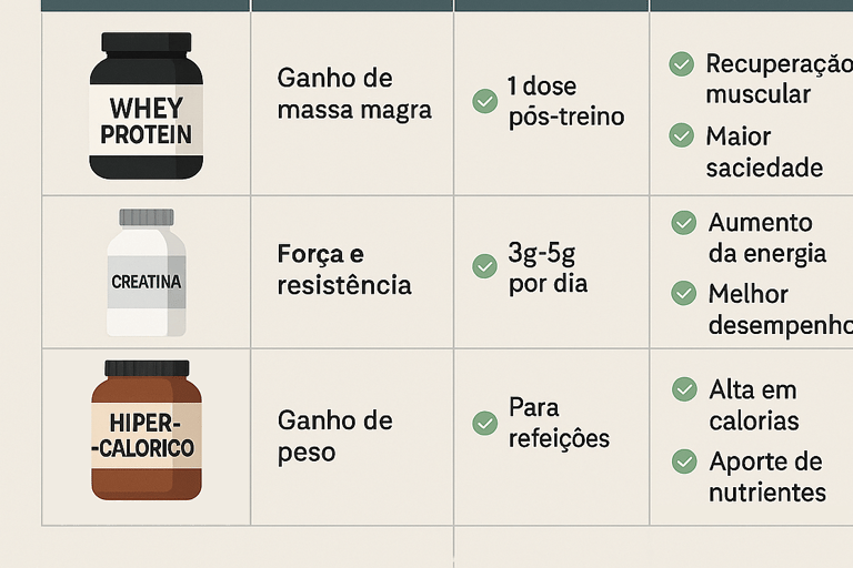 Tabela Comparativa de Suplementos(Whey Protein vs Hipercalórico vs Creatina)