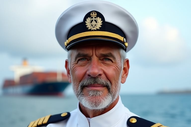 a man in a uniform with a ship in the background