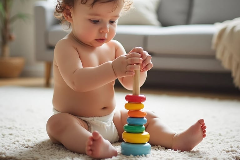 Bebê de 7 a 9 meses encaixando argola em torre colorida de empilhar