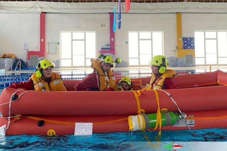 Pool Rescue Drill – Trainee practicing water rescue techniques with a life jacket during a HEMS