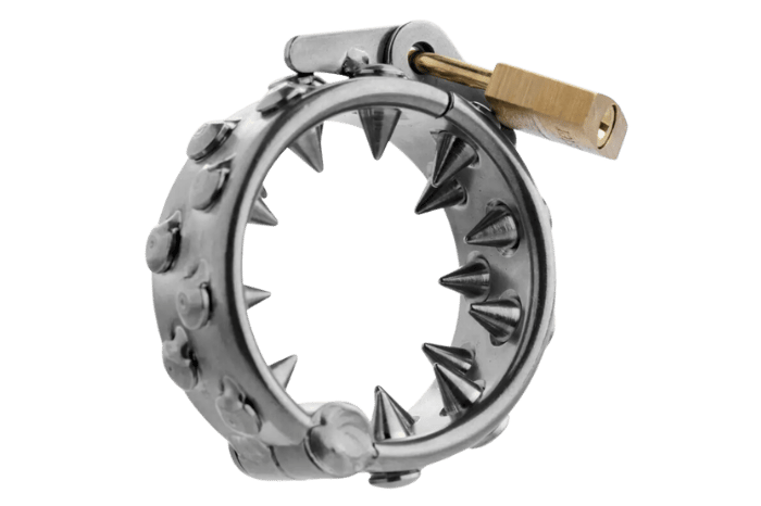 steel spiked ring with lock for fetish cbt cock and ball torture